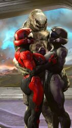 1boy 2girls 3d armor big_penis breasts female_spartan_(halo) halo_(series) helmet larger_male paizuri penis pompilus_sfm_twitter(artist) power_armor sangheili spartan_(halo) tagme titfuck titjob