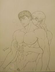 2boys androgynous berserk blush gay griffith guts_(berserk) long_hair male male_only mosaic_censoring muscular_male nude_male pectorals penis yaoi yu_prophet