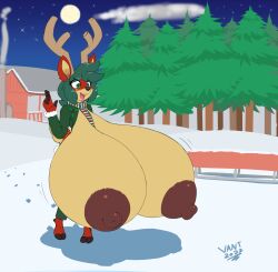 absurd_res anthro antlers areola bell big_breasts bottomwear breasts brown_nipples cabin capreoline cervid christmas clothing countershading deer exposed_breasts female fur green_bottomwear green_clothing green_eyes green_hair green_jacket green_pants green_topwear hair hi_res holidays holly_(plant) hooves horn huge_breasts hyper hyper_breasts jacket mammal moon night nipples pants plant puffy_areola puffy_nipples red_body red_fur reindeer scarf sled snow solo star tan_body tan_countershading topwear tree vant_talon wardrobe_malfunction winter