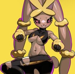 anthro bare_shoulders belly_button blush bunny bunny_ears bunny_girl bunny_tail drunkoak furry generation_5_pokemon leggings long_eyelashes lopunny mega_lopunny nintendo pink_eyes pokémon_(species) pokemon pokemon_(species) pokemon_bw pokemon_only skinny smile thick_thighs toned toned_female torn_clothes torn_legwear underboob yellow_background