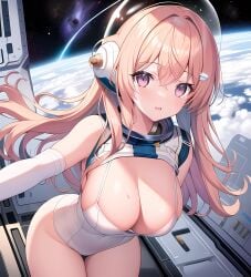 1girls ai_generated astronaut big_breasts bulging_breasts female female_only high_resolution highres looking_at_viewer nai_diffusion original pink_hair solo space stable_diffusion stuffyai