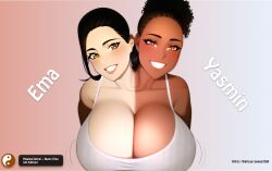 2girls ai_generated ai_reworked ai_translated big_breasts black_hair brown_eyes busty busty_ema bustyema conjoined conjoined_twins dark-skinned_female dark_skin female female/female fused fusion huge_breasts human interracial large_breasts masked_oppai maskedoppai merged multi_head real_person siamese_twins stuck_together swago3789 tank_top two_tone_body two_tone_skin