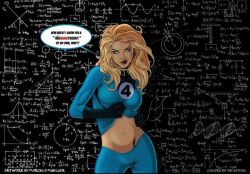 1girls blonde_hair chalkboard curvy deaddog english_dialogue english_text equation fantastic_four female female_only gloves human human_only invisible_woman light-skinned_female male_pov marcelo_mueller marvel marvel_comics math mr_fantastic pov reed_richards solo sue_storm superheroine text undressing wide_hips