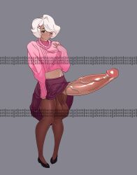 1boy adoptable belly big_penis bombusaya clothing curly_hair curvy dark_skin femboy large_penis looking_at_viewer short_hair shy skirt sweater tights watermark white_hair