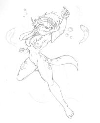 accessory anthro biped breasts female fish graphite_(artwork) hair headband headgear lutrine mammal marine monochrome mustelid nipples nude pencil_(artwork) pubic_fuzz reddragonkan short_hair sleeves smile solo swimming traditional_media_(artwork) underwater water