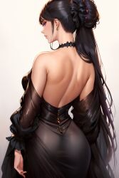 1girls ai_generated ass_in_dress big_ass big_breasts black_dress black_hair female female_only high_resolution looking_at_viewer looking_back nai_diffusion original solo stable_diffusion