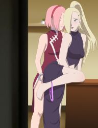 2girls big_breasts blonde_hair boruto:_naruto_next_generations bottomless clothed_sex dress female female_only fingering fingering_pussy fingering_through_clothes human ino_yamanaka lesbian_sex mature mature_female milf moaning multiple_girls naruto naruto_(series) optimystic panties panties_around_one_leg pink_hair ponytail raised_leg sakura_haruno skirt small_breasts smile standing standing_sex table tied_hair yuri