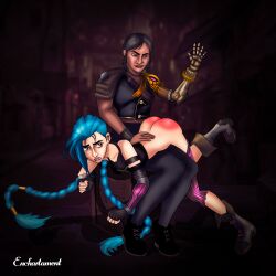 2girls arcane arcane_jinx ass bare_ass blue_hair bondage discipline dominant_female enchartament female femdom jinx_(league_of_legends) league_of_legends naughty over_the_knee over_the_knee_spanking prosthetic_arm punishment sevika slapping_butt spank_marks spanked_butt spanking steampunk submissive video_games yuri