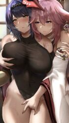 2girls black_hair breast_grab breasts busty female female_only fingering fingering_partner fondling genshin_impact groping heavy_breathing horny kujou_sara large_breasts leotard multiple_girls nunu_(pixiv69145027) pink_hair purple_eyes short_hair smile sweat thick_thighs user_ghgc8483 yae_miko yuri