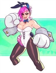 1girls bare_shoulders blushypixy blushyspicy bowtie breasts bunny_ears bunnysuit cleavage cuffs detached_collar female female_only half_shaved_head highleg league_of_legends legs muscular muscular_female pink_hair riot_games solo tight_clothing tights tongue_out vi