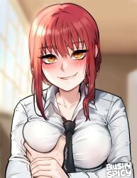 1girls blushypixy blushyspicy breast_grab canonical_scene chainsaw_man clothed formal_attire guided_breast_grab hand_on_breast lip_biting looking_at_viewer looking_pleasured makima_(chainsaw_man) orange_eyes red_hair seductive_look seductive_smile tie