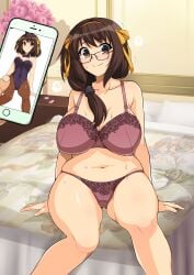 1girls age_progression aged_up alternate_age bed bedroom before big_breasts blush bra brown_eyes brown_hair chubby chubby_female cleavage fat fat_girl fat_woman female glasses grown_up haruhisky hi_res high_resolution highres lingerie milf navel nervous overweight overweight_female panties phone photo solo suzumiya_haruhi suzumiya_haruhi_no_yuuutsu sweat sweatdrop sweating tagme underwear