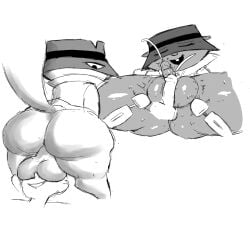 ass ball_job balljob balls balls_on_face ferretidk fisherneph genitals hanna-barbera hi_res ivovvovi male male/male monochrome penis secret_squirrel secret_squirrel_show vibrator_on_balls weirdduelist