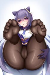 damao_yu feet fingerlike_toes foot_fetish genshin_impact keqing_(genshin_impact) long_hair looking_at_viewer pantyhose pubic_hair purple_eyes showing_off thick_thighs thighs tight_clothing toes