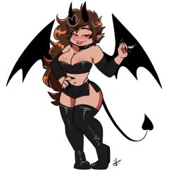 black_nails boobs boots brown_hair cross_necklace demon_girl demon_horns demon_tail demon_wings friday_night_funkin hourglass_figure long_hair red_eyes reference_image shanice_(shawncookie) shawncookie thong thong_above_skirt thong_straps