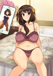 1girls age_progression aged_up alternate_age bed bedroom before big_breasts blush bra brown_eyes brown_hair chubby cleavage female grown_up haruhisky hi_res high_resolution highres lingerie milf nervous panties phone photo solo suzumiya_haruhi suzumiya_haruhi_no_yuuutsu sweat sweatdrop sweating tagme underwear