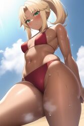 1girls ai_generated beach bikini blonde_hair blush breasts embarrassed fate/apocrypha fate/grand_order fate_(series) female green_eyes medium_hair mordred_(fate) mordred_(swimsuit_rider) nai_diffusion navel outdoor outdoors ponytail red_bikini small_breasts stable_diffusion tan tan-skinned_female tanned_skin