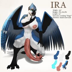 2022 anthro areola avian bird blue_jay bodily_fluids breasts corvid dickgirl digital_media_(artwork) draco32588 duo english_text extreme_size_difference fasttrack37d fingers futanari genital_fluids genitals gynomorph hi_res intersex ira_(draco32588) jay_(bird) model_sheet navel new_world_jay nipples nude oscine passerine penis simple_background size_difference text wings