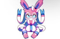 blue_eyes blush cleavage drunkoak eeveelution female female_focus female_only generation_6_pokemon glasses open_mouth pink_hair pokémon_(species) pokemon pokemon_xy ribbons smile sylveon