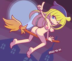 1girls 2022 accurate_art_style anus ass barefoot blonde_hair blue_eyes breasts broom butt exhibitionism feet female flying furii_(artist) halloween light_skin moon naked nipples nude pussy puyo_puyo puyo_puyo_artstyle sega soles text witch witch_(puyo_puyo)