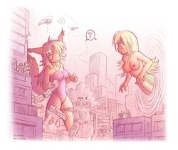 2girls ? city city_background confused destruction duo exposed_breasts feline giant_couple giantess karbo kemonomimi macro monster_girl multiple_girls question_mark snake_girl tagme