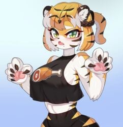 bare_shoulders blue_background blush braided_hair cat_girl drunkoak feline green_eyes large_breasts oerba_yun_fang open_mouth orange_hair sideboob striped_body stripes tank_top tiger tiger_girl