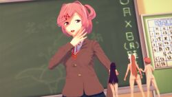 4girls before_vore blue_skirt bow brown_hair classroom croxkoi doki_doki_literature_club female female_only giantess minigirl monika_(doki_doki_literature_club) multiple_girls naked natsuki_(doki_doki_literature_club) nude open_mouth orange_hair pink_eyes pink_hair ponytail purple_hair red_bow sayori_(doki_doki_literature_club) school_uniform shrunken_woman shrunken_women size_difference skirt standing uniform white_bow yuri_(doki_doki_literature_club)