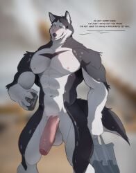 abs absurd_res anthro bag balls big_balls big_muscles big_pecs big_penis black_body black_fur blue_eyes blush canid canine canis container cup dialogue domestic_dog embarrassed english_text erection foreskin fur genitals glans hi_res huge_cock humanoid_genitalia humanoid_penis husky looking_at_viewer male mammal muscular muscular_anthro muscular_male nipples nordic_sled_dog nude partially_retracted_foreskin pecs penis pink_glans pink_penis profanity sleepymute solo spitz standing text trash_bag vein veiny_penis white_balls white_body white_fur