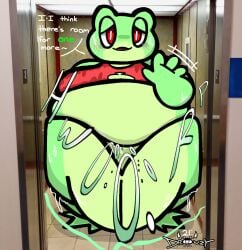 ambiguous_gender amphibian big_belly big_breasts blush cartoony chubby elevator fat fat_ass fat_thighs feelingdrowzy femboy friendly frog hyper hyper_belly hyper_thighs inflation male man_boobs moobs obese pov real_life_background red_eyes slimey sports_bra squish squished_together sweaty tagme talking talking_to_viewer text thick_thighs too_big toony torn_clothes waving waving_at_viewer weight_gain wide_hips
