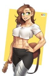 1girls abs armor big_breasts breasts brown_hair character_request clothed clothing copyright_request detailed female_focus female_only green_eyes hi_res long_hair looking_away muscular muscular_female navel nortuet pose revealing_clothes six_pack smile solo sweat watermark wide_hips