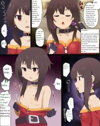 absurdres belt breasts brown_hair collar comic earrings empty_eyes english_text expressionless female femsub hard_translated hypnotic_accessory jewelry kono_subarashii_sekai_ni_shukufuku_wo! male megumin mind_arc mind_control offscreen_male rape red_eyes satou_kazuma small_breasts sweat text topless translated undressing