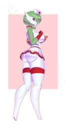 32rabbitteeth anthro ass cosplay_gardevoir eyelashes female gardevoir gloves green_hair large_breasts nurse pokemon pokemon_(species) pokemon_rse red_eyes skirt solo thighhighs