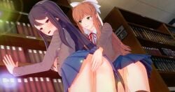 2girls blue_skirt blush book books bow brown_hair doki_doki_literature_club female female_only green_eyes koikatsu library library_background monika_(doki_doki_literature_club) multiple_girls no_panties open_mouth ponytail purple_eyes purple_hair school_uniform skirt smack smacking_ass smile smiling spanking spanking_ass uniform white_bow yuri yuri_(doki_doki_literature_club)