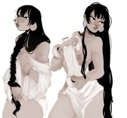 1girls black_hair bracelet braid breasts chel cleavage covering dark_skin dreamworks ear_piercing earrings female jewelry lips long_hair meenat monochrome nipples nude piercing sheet_grab sideboob the_road_to_el_dorado thick_thighs thighs tied_hair