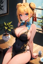 1girls 2023 ai_generated ai_hands anime_nose attack_on_titan bangs bare_legs bare_shoulders bare_thighs big_breasts blonde_hair blue_eyes bonsai china_dress cleavage cleavage_dress cleavage_window clothed_female curvaceous curvy_body curvy_female curvy_figure double_bun dress female_focus female_only hair_between_eyes hi_res high_resolution historia_reiss huge_breasts large_breasts looking_at_viewer seductive_look sidelocks sitting_on_table solo_focus stable_diffusion yellow_hair