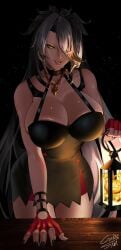 1girls artist_name artist_signature big_breasts black_hair black_nail_polish black_nails breasts cleavage cubeskar dark-skinned_female dark_background female female_only fingerless_gloves huge_breasts lantern large_breasts looking_at_viewer necklace one_eye_obstructed skindentation smile soft_smile sole_female solo solo_focus tan-skinned_female tanned_skin thighs virtual_youtuber vshojo vtuber yellow_eyes zentreya zentreya_(cyborg)