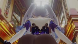 3d animated ass ass_focus ass_shake bare_shoulders female from_behind genshin_impact gloves hair_ornament hairpin keqing_(genshin_impact) kishi long_hair longer_than_30_seconds no_skirt pantyhose shiny shiny_hair solo twintails very_long_hair video