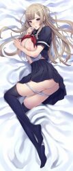 black_socks blonde_hair blush bra_removed breasts breasts_out circle_hitori female legs london_inu long_hair looking_at_viewer lying_on_side original purple_legwear school_uniform socks solo thigh_socks thighhighs white_bra