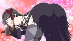 10s akemi_homura akuma_homura apifuto apita_(apitaro) argyle argyle_legwear ass ass_focus bad_id bad_pixiv_id bags_under_eyes black_dress black_hair butt butt_focus dress female hair_ribbon half-closed_eyes highres human human_only long_hair looking_at_viewer looking_back magical_girl mahou_shoujo_madoka_magica mahou_shoujo_madoka_magica:_hangyaku_no_monogatari naughty_face open_mouth pillory puella_magi_madoka_magica purple_eyes restrained ribbon smile solo solo_female solo_focus spoilers stocks thighhighs very_long_hair young younger_female