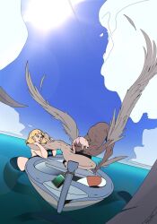 2d bisexual blonde_hair boat dark-skinned_male dark_skin fellatio female grabbing_from_behind harpy human male mermaid mmf_threesome nude ocean outdoors pale_skin penis pink_hair quetzoiin vehicle wings