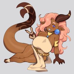 1girls absurd_res anthro bare_shoulders big_breasts blue_eyes blush brown_body collar cuffs dragon dragon_horns dragon_tail earrings female female_only forked_tail grey_background hair_on_horn hair_over_one_eye horns loincloth long_hair looking_at_viewer on_side original pink_hair pointy_ears porqueloin slit_pupils smiling smiling_at_viewer solo sopra_(porqueloin) tail teeth_showing v_sign