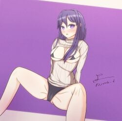 1girls :0 bikini_top black_bra black_panties blush blushing bra doki_doki_literature_club female no_pants open_mouth panties psypolo purple_eyes purple_hair pussy_visible_through_panties sitting small_bra solo spread_legs turtleneck turtleneck_sweater yuri_(doki_doki_literature_club)