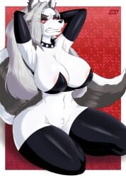 anthro areola armpit_hair armpits armwear big_breasts black_nose breasts canid canid_demon clothing collar crotch_tuft demon digital_media_(artwork) dirtyduckart ear_piercing ear_ring elbow_gloves eyelashes female fur genitals gloves grey_body grey_fur grey_hair hair handwear hellhound helluva_boss hi_res huge_breasts kneeling legwear long_hair long_tail looking_at_viewer loona_(helluva_boss) mammal nipples notched_ear piercing pose pussy red_sclera ring_piercing sharp_teeth spiked_collar spikes stockings teeth tuft white_areola white_body white_eyes white_fur wide_hips