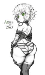 1girls anal anal_access anal_only anal_only_panties ass ass_cutout ass_focus back_view backless_panties butt_window fate/apocrypha fate_(series) female female_only green_eyes heart_panties jack_the_ripper_(fate/apocrypha) looking_at_viewer looking_back looking_back_at_viewer monochrome solo tagme thegoldensmurf thick_thighs white_background