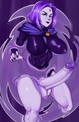 1futa big_breasts big_penis dc dc_comics futa_only futanari huge_breasts huge_cock large_breasts large_penis nicoguer nipples_visible_through_clothing purple_hair rachel_roth raven_(dc) short_hair teen_titans