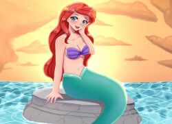 ariel bikini_top disney disney_princess female focus_bx green_tail mermaid mermaid_tail rock seashell_bra sitting_on_rock the_little_mermaid