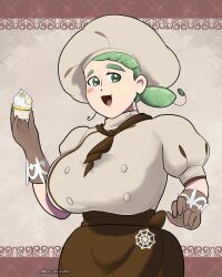 1girls bakery big_breasts bullelewds chubby chubby_female clothed cupcake female female_only fully_clothed green_eyes green_hair gym_leader hat human human_only katy_(pokemon) pinup pokemon pokemon_sv pokemon_trainer