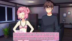 1boy 1girls black_shirt blush bra brown_eyes brown_hair closed_eyes couch ddlc_text_box dialogue doki_doki_literature_club duo hands_on_hips living_room looking_at_viewer mc_(doki_doki_literature_club!) mod natsuki_(doki_doki_literature_club) panties pants pink_bra pink_hair pink_panties primemc_(character) shirt smile smiling standing text text_bubble the_bike tv