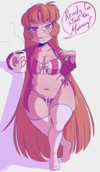 1girl 1girls blossom_(powerpuff_girls) bra coffee curvy curvy_figure long_hair mug open_shirt panties powerpuff_girls red_hair redhead scaitblue shirt slightly_chubby thighhighs underwear