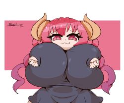 1girls alternate_version_available big_boobs big_breasts boobs breast_squeeze breast_squish breasts castinly clothing dragon female horns huge_breasts ilulu_(dragon_maid) looking_at_viewer massive_breasts miss_kobayashi's_dragon_maid nipple_bulge nipples_visible_through_clothing red_eyes red_hair smaller_female smile smiling_at_viewer smug smug_face thick_thighs